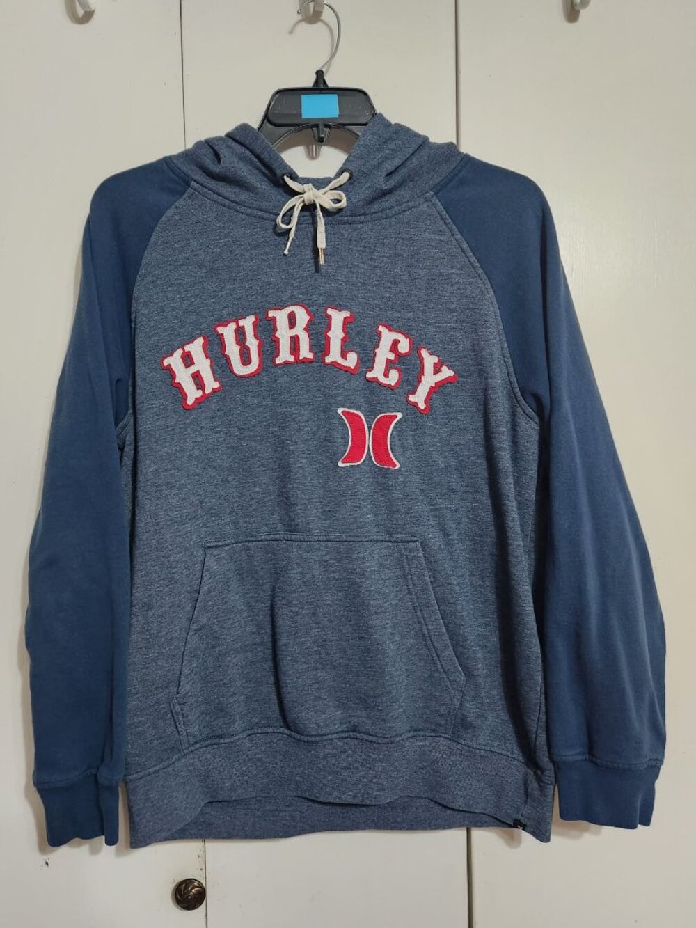 Hurley Men Medium Blue Heathered Spellout Logo Fleece Pullover Hoodie Raglan Y2K